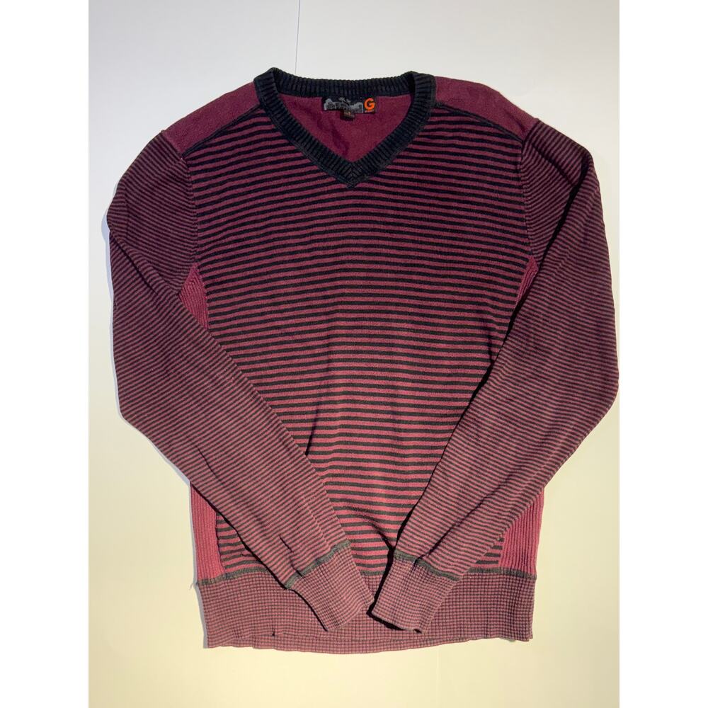 G BY GUESS Men's Burgundy & Black Striped V-Neck Sweater (Size Small)